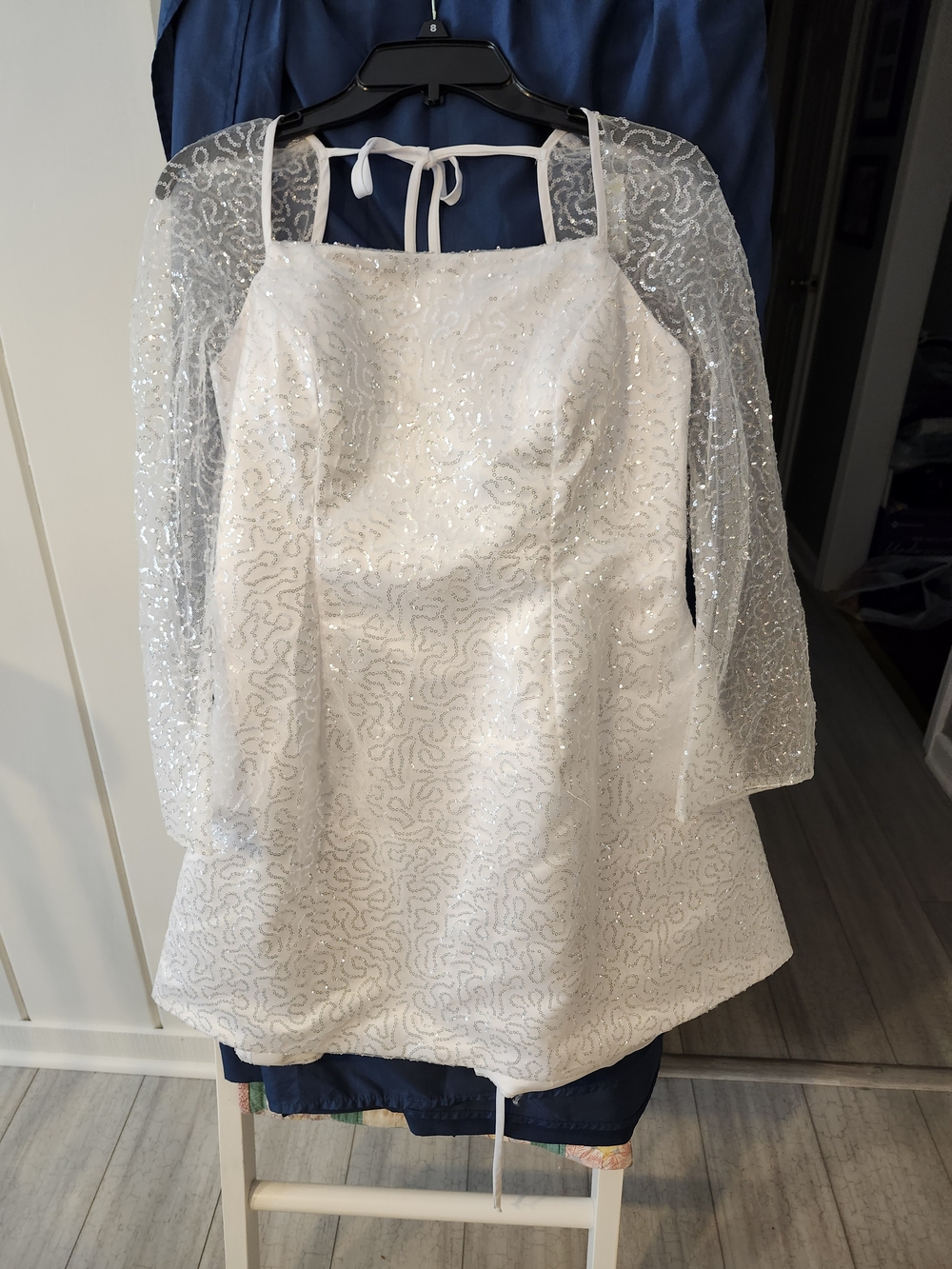 Sparkling White Sequin A-Line Mini Dress with Sheer Sleeve